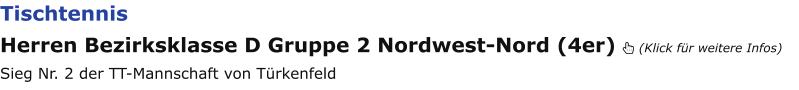 Tischtennis Herren Bezirksklasse D Gruppe 2 Nordwest-Nord (4er)  (Klick für weitere Infos) Sieg Nr. 2 der TT-Mannschaft von Türkenfeld